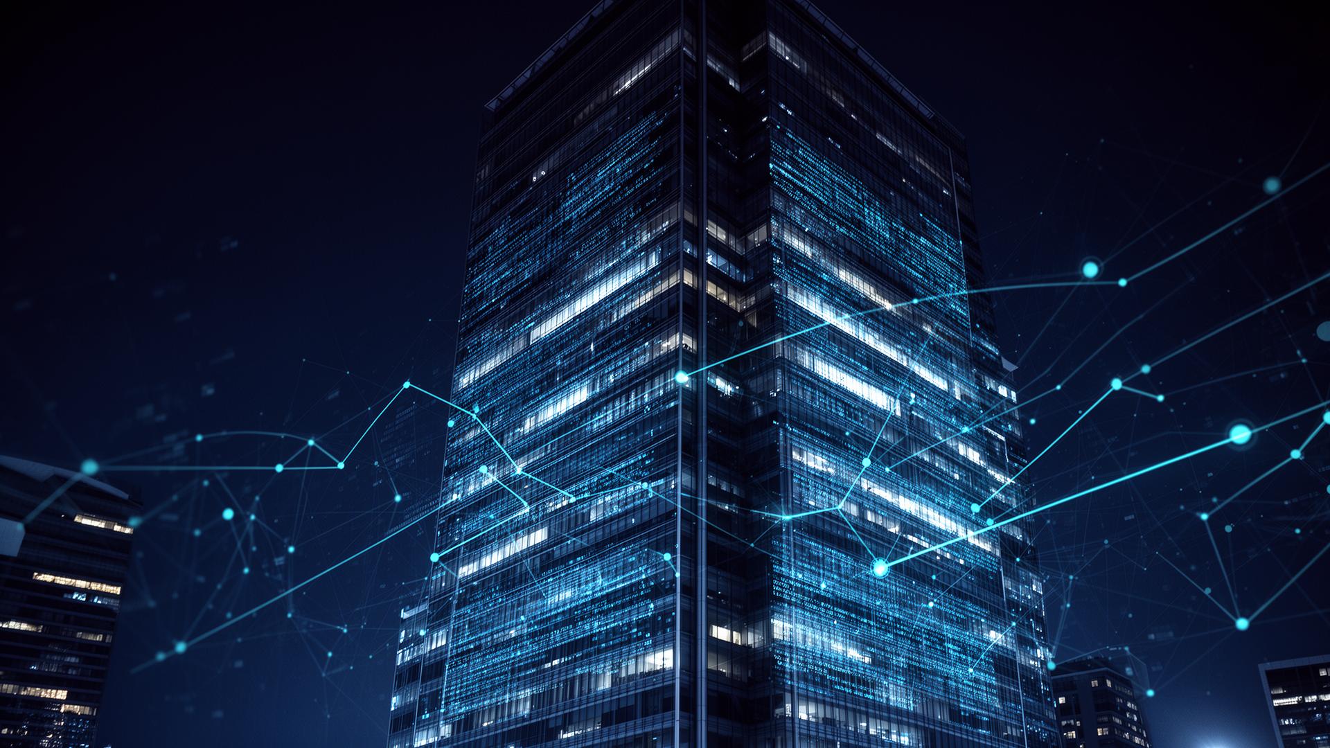 Edificio corporativo iluminado con red de datos